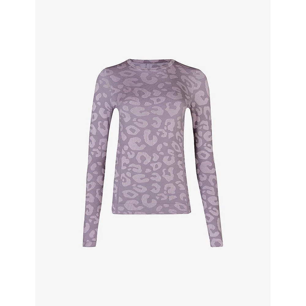 SWEATY BETTY Glisten Seamless Long Sleeve Top Leopard Print Jacquard Purple Sz 8